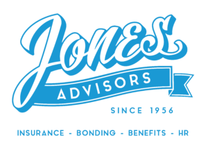 Logo for Jones Advisors. It reads "Jones Advisors since 1956. Insurance. Bonding. Benefits. HR" All the text is in blue and white.