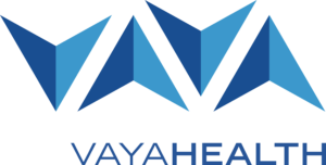 Logo that reads "Vaya Health". The text is in a dark and light blue. There are triangles that makeup up the logo that spell VAYA