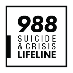 Logo for the Suicide & Crisis Lifeline. It is a box outlined in black that reads 