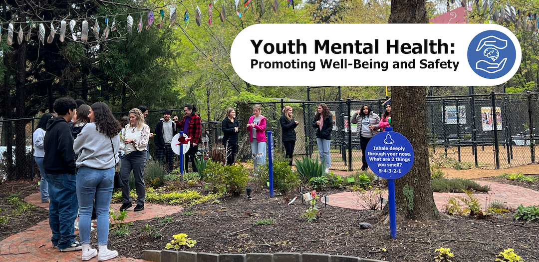 Students standing in the Poe Center's MindWELL Garden and Labyrinth practicing the 5-4-3-2-1 mental wellness activity. There is text on the image that reads 
