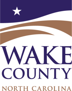 Wake County Health and Human Services Logo. It is a square box with a navy blue wave at the top with a white star near the top left. There are then two brown waves below that. The text below the waves reads "Wake County North Carolina"