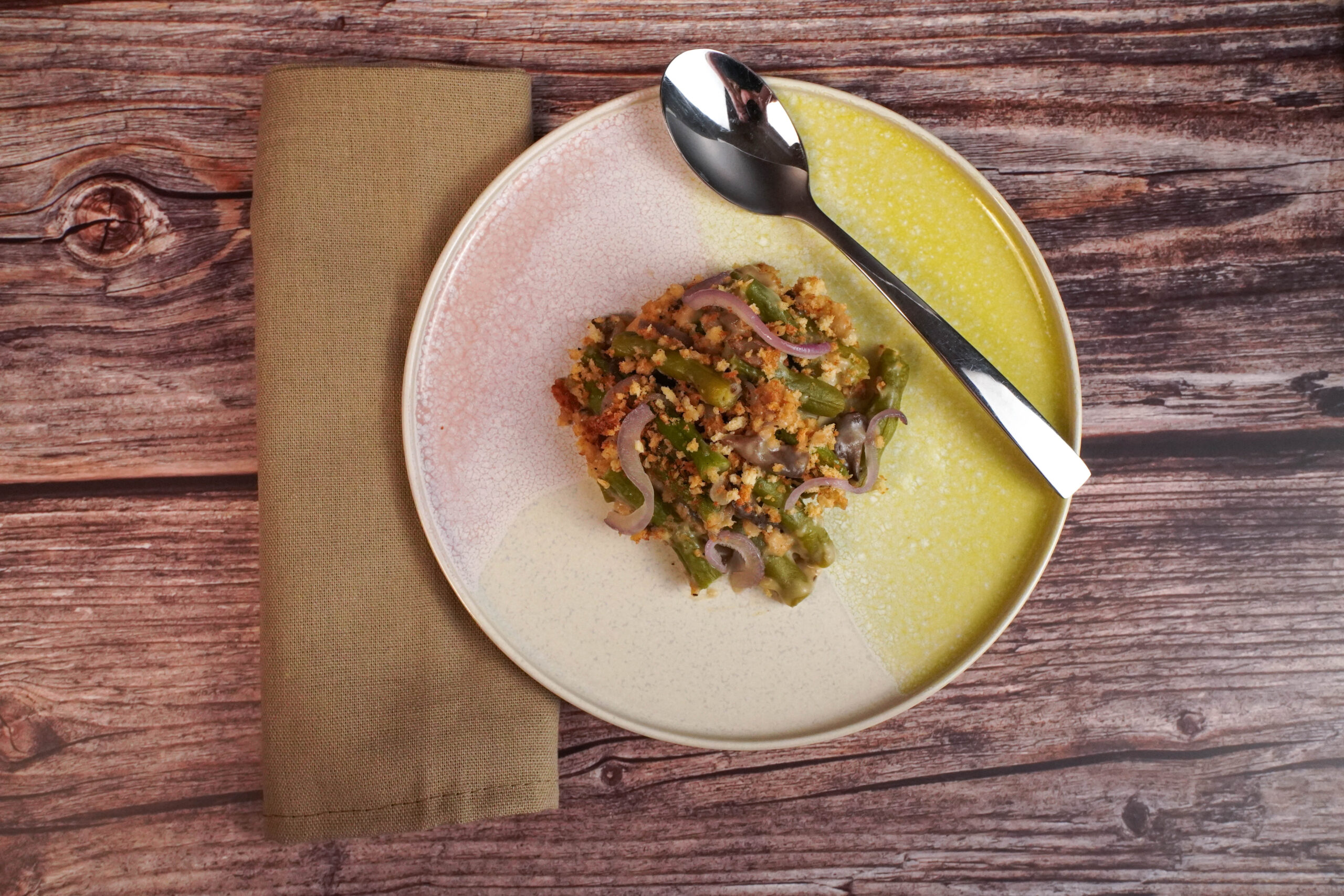 Green bean casserole on a plate.